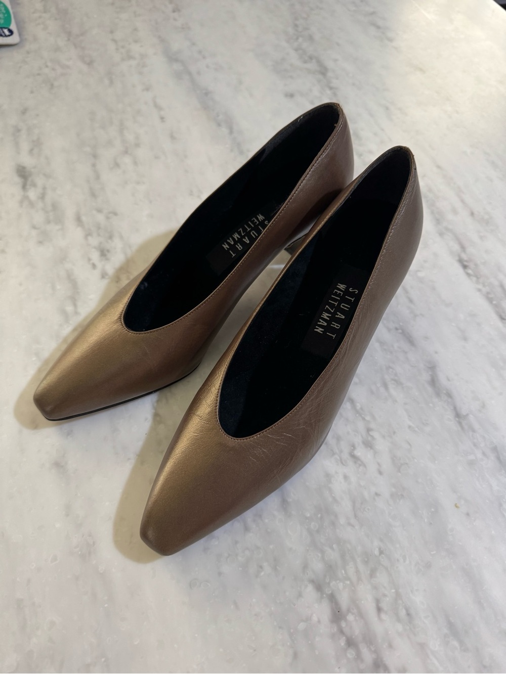 Stuart Weitzman Metallic Bronze Leather Pointed Toe Pumps size 6.5